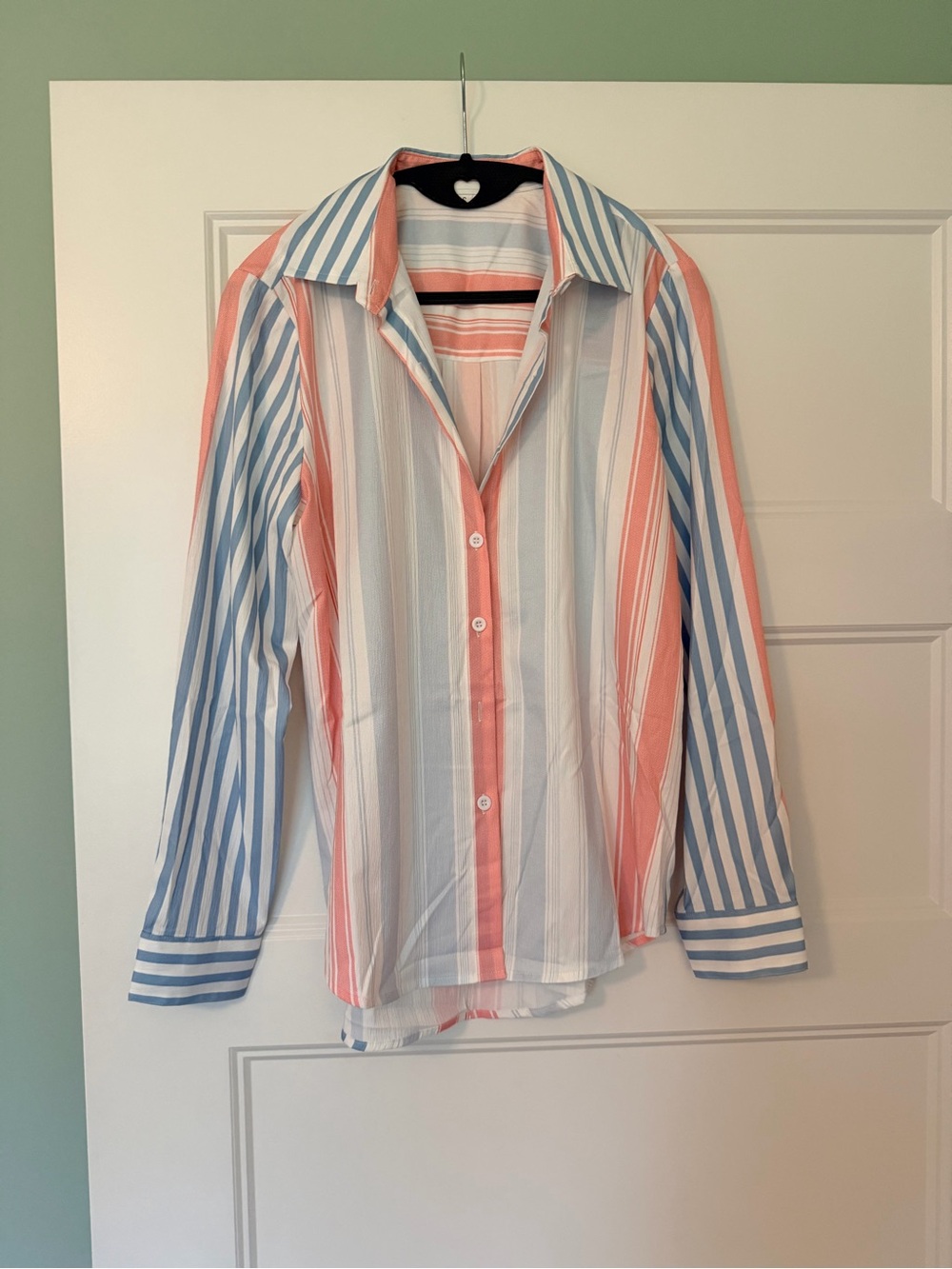Women’s Striped Button-Up Shirt in Coral, Blue & White